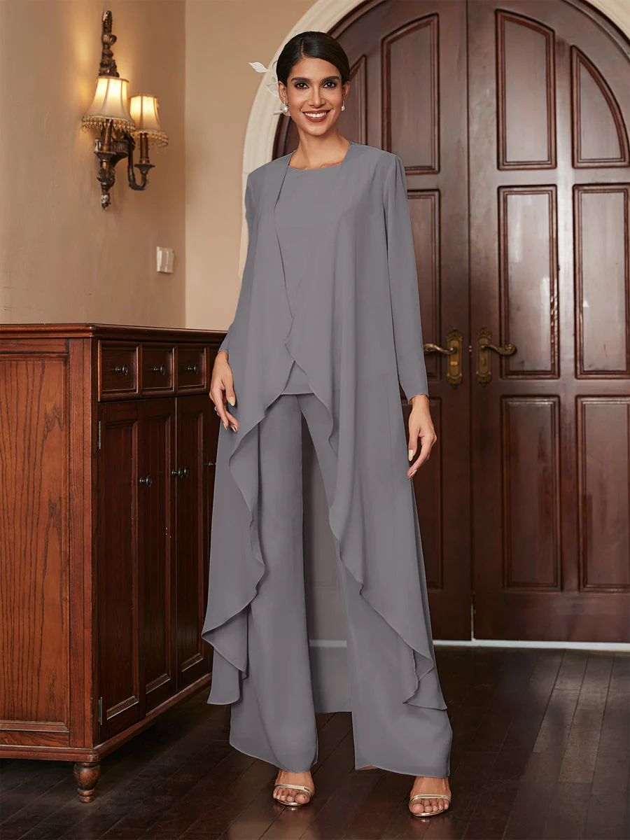 Chiffon Scoop Long Sleeves 3 Pieces Pantsuits with Jacket - Image 74