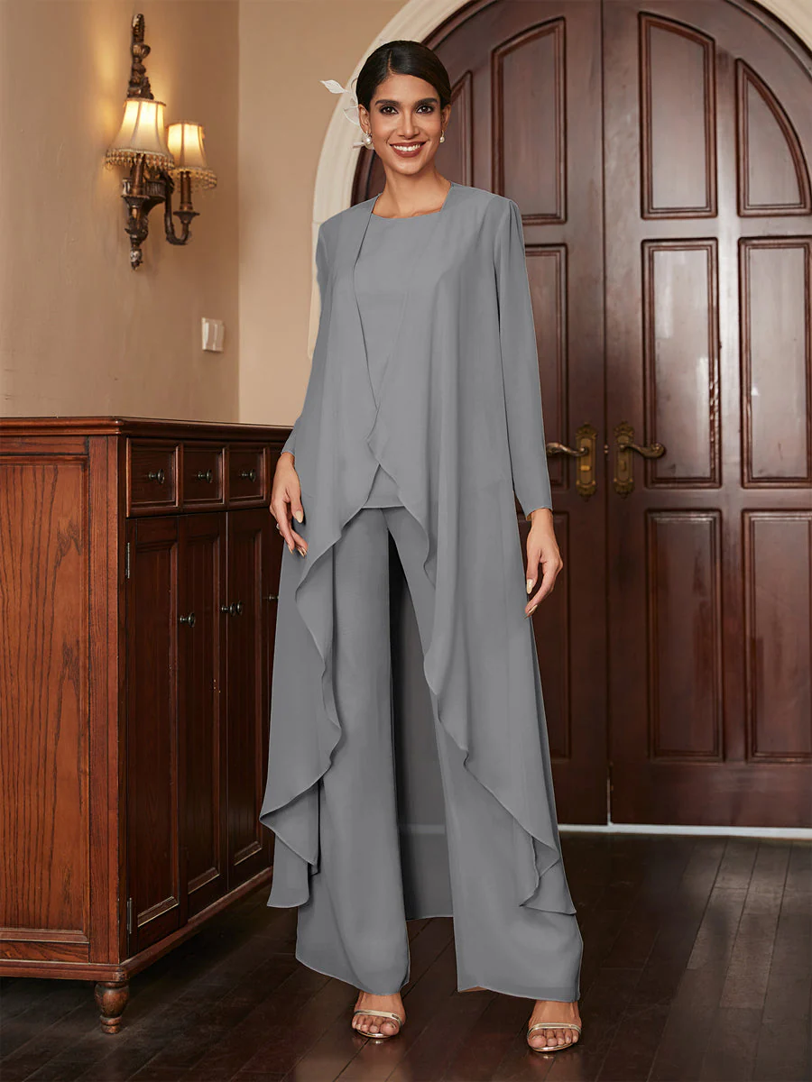 Chiffon Scoop Long Sleeves 3 Pieces Pantsuits with Jacket - Image 75