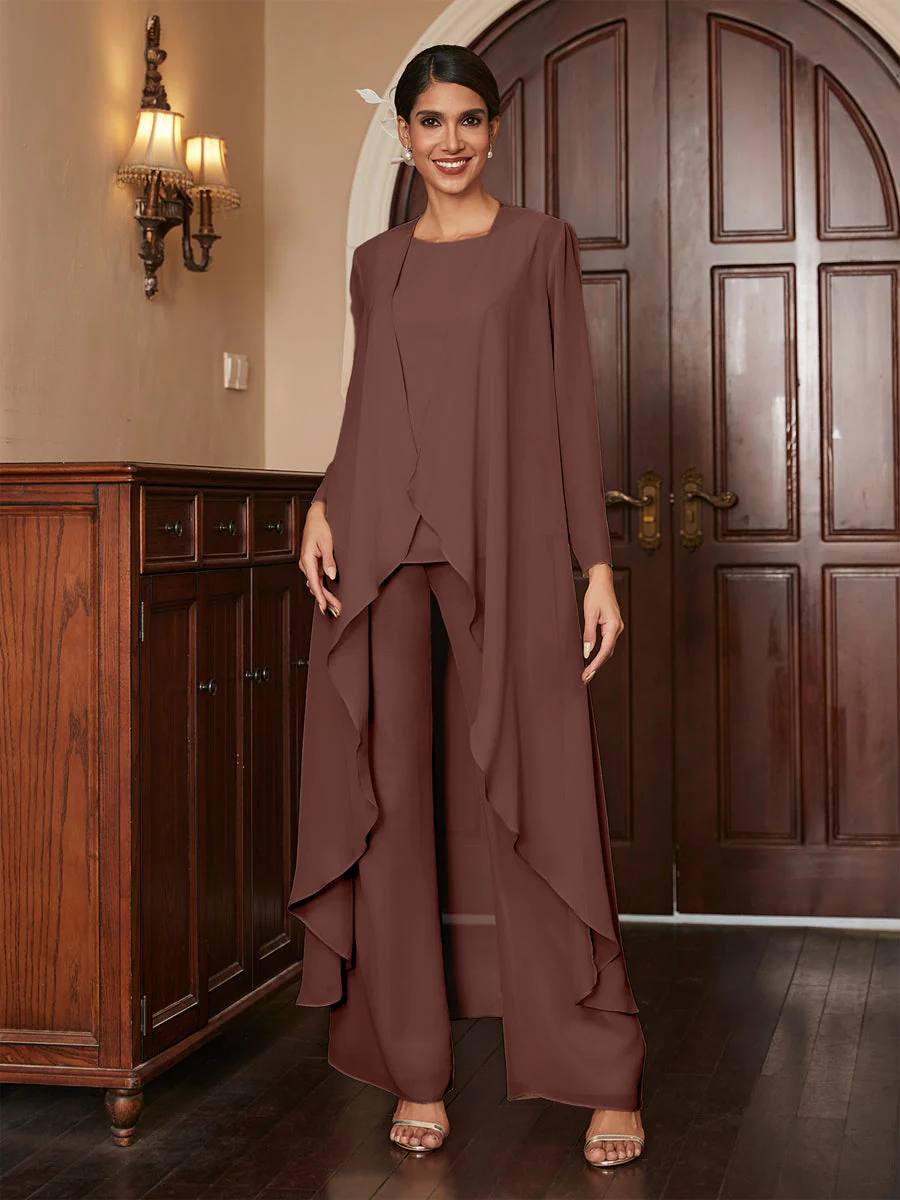 Chiffon Scoop Long Sleeves 3 Pieces Pantsuits with Jacket - Image 76