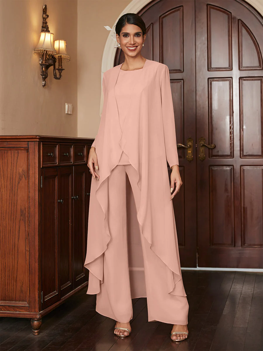 Chiffon Scoop Long Sleeves 3 Pieces Pantsuits with Jacket - Image 8