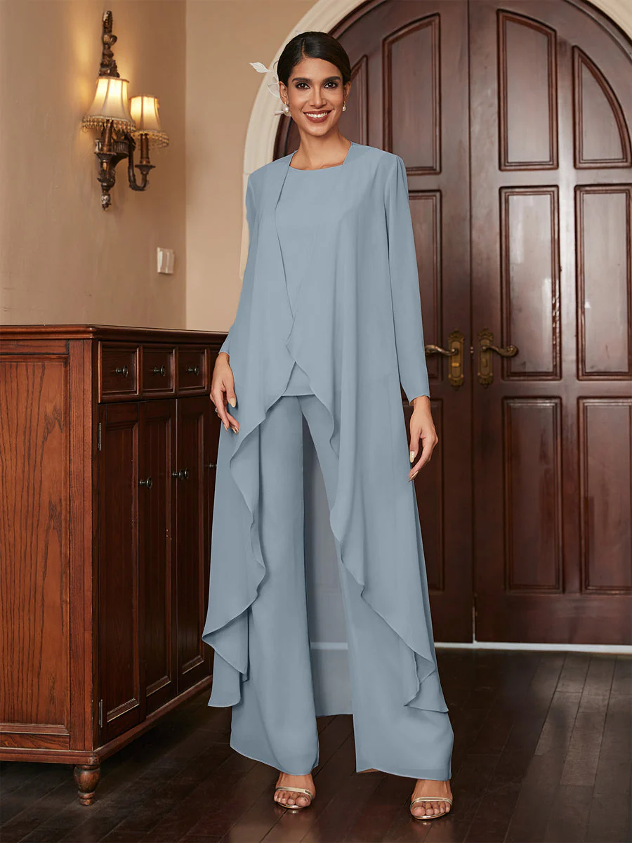 Chiffon Scoop Long Sleeves 3 Pieces Pantsuits with Jacket - Image 9
