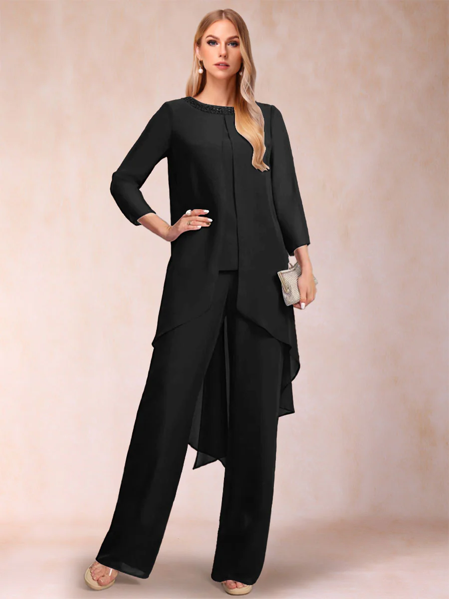 Chiffon Scoop Long Sleeves 3 Pieces Pantsuits with Rhinestone & Jacket - Image 10