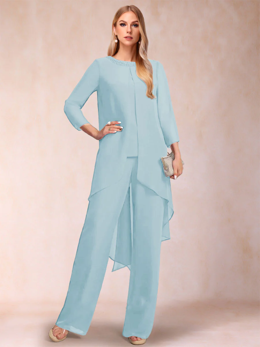 Chiffon Scoop Long Sleeves 3 Pieces Pantsuits with Rhinestone & Jacket - Image 36