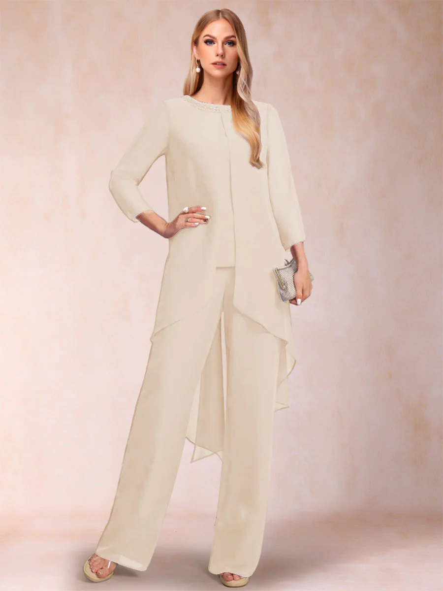 Chiffon Scoop Long Sleeves 3 Pieces Pantsuits with Rhinestone & Jacket - Image 38