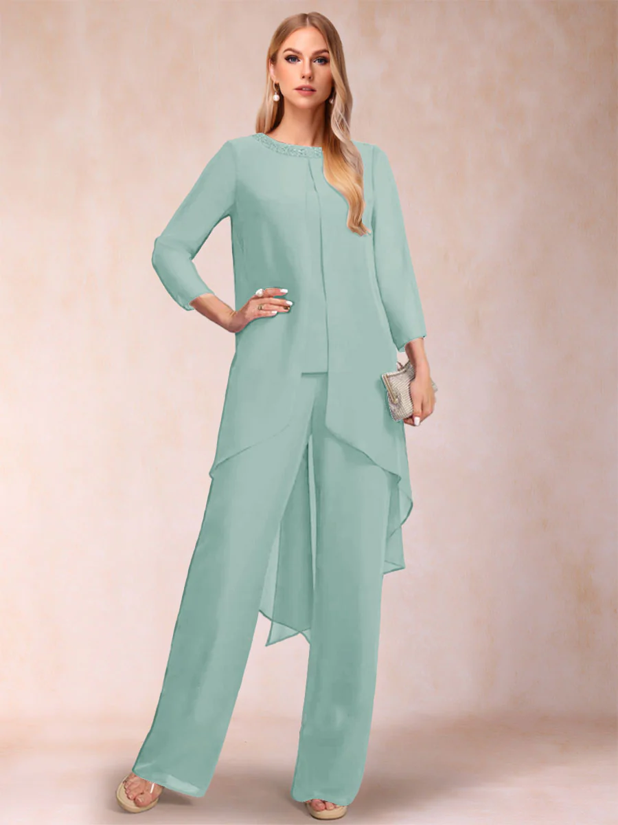 Chiffon Scoop Long Sleeves 3 Pieces Pantsuits with Rhinestone & Jacket - Image 46