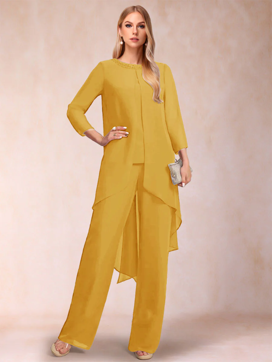 Chiffon Scoop Long Sleeves 3 Pieces Pantsuits with Rhinestone & Jacket - Image 48