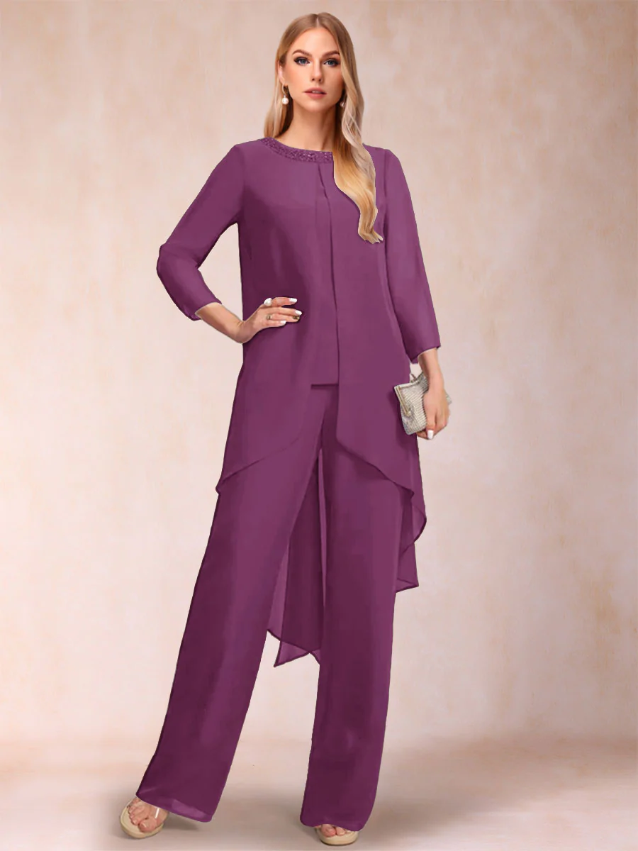 Chiffon Scoop Long Sleeves 3 Pieces Pantsuits with Rhinestone & Jacket - Image 54