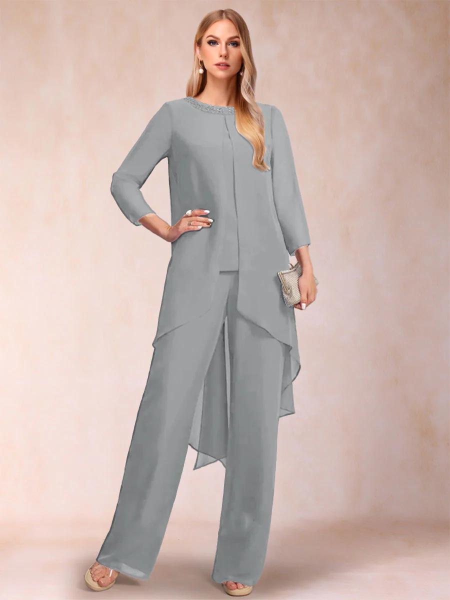 Chiffon Scoop Long Sleeves 3 Pieces Pantsuits with Rhinestone & Jacket - Image 66