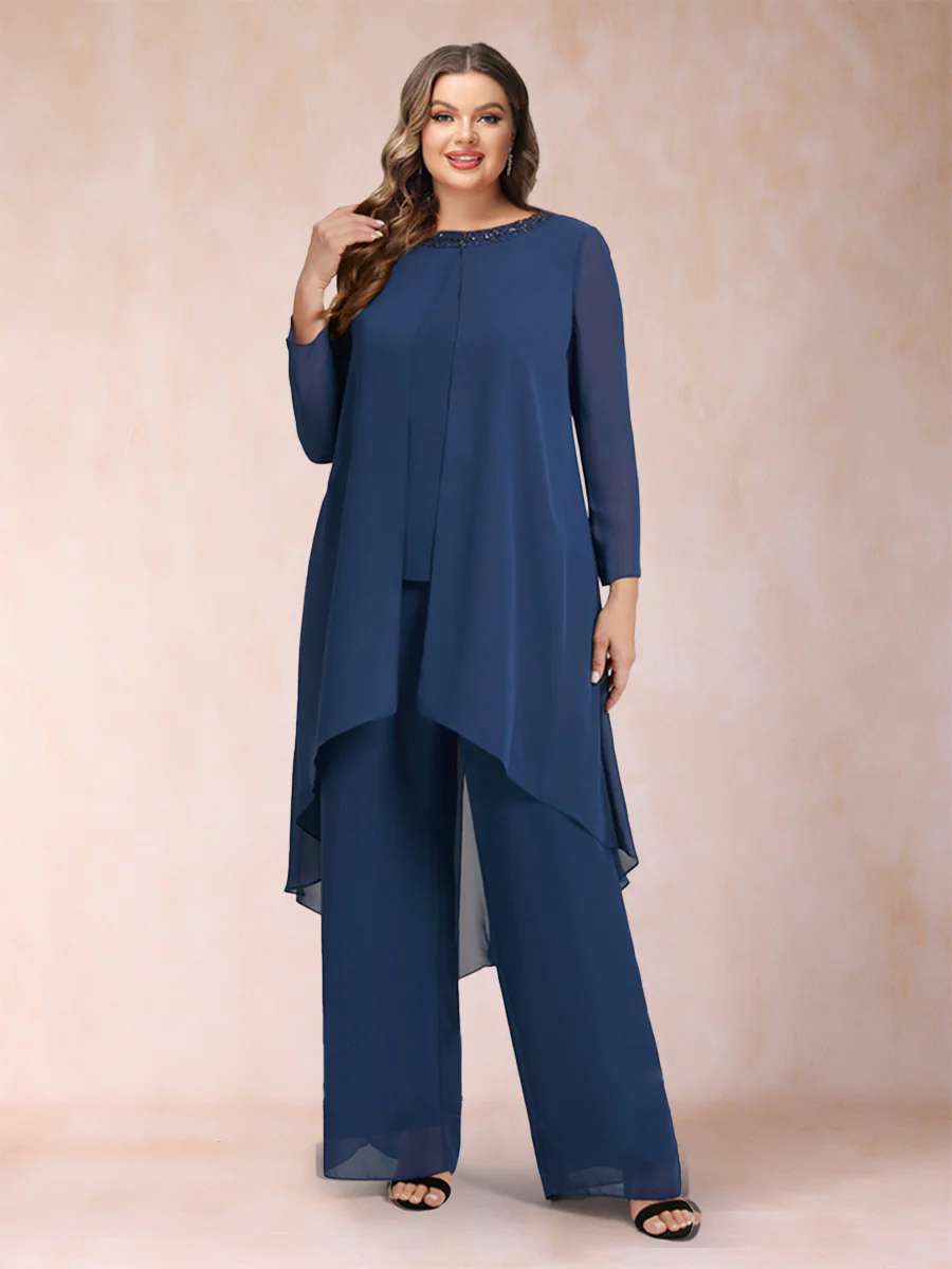 Chiffon Scoop Long Sleeves 3 Pieces Pantsuits with Rhinestone & Jacket - Image 7