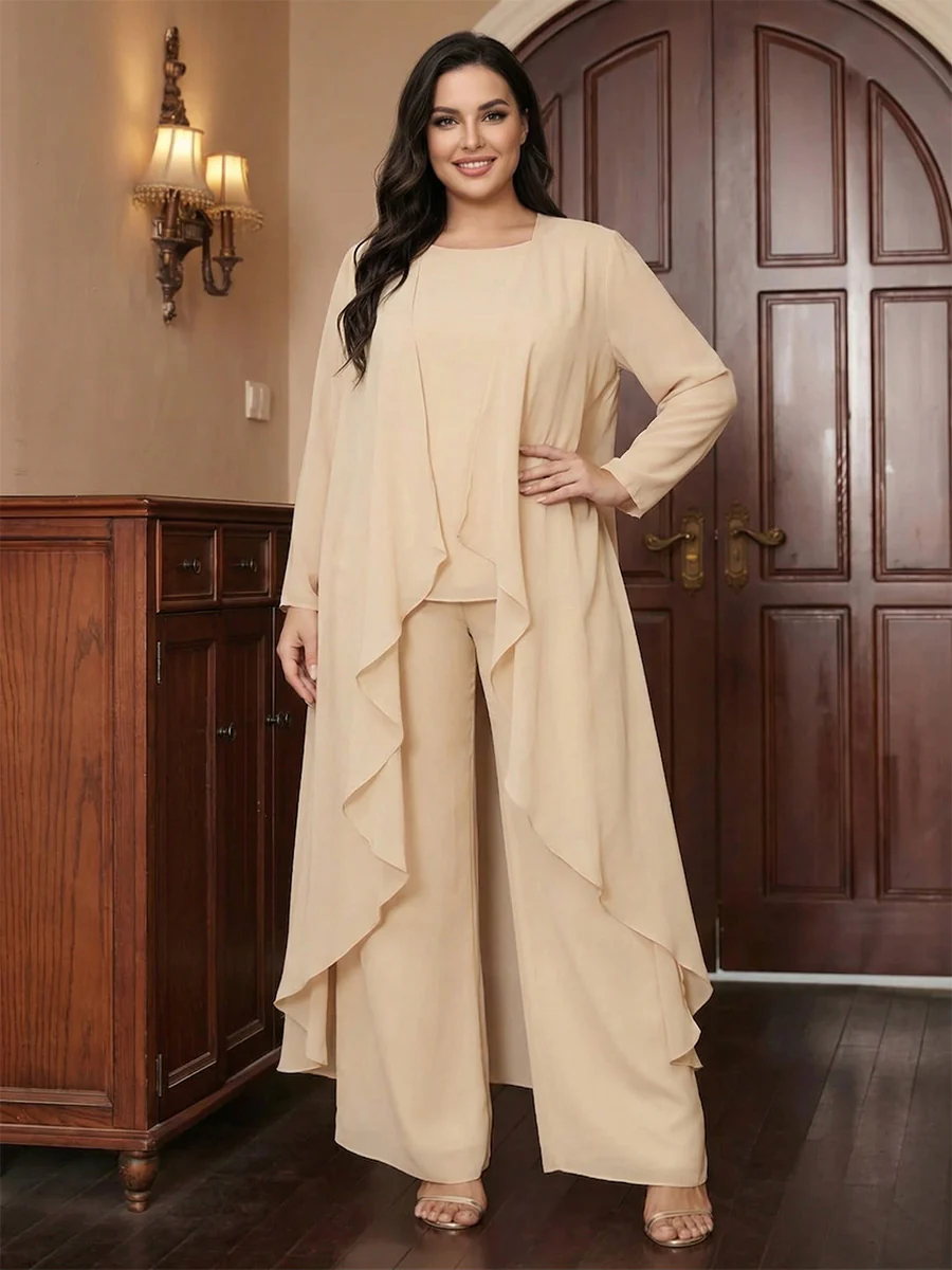 Chiffon Scoop Long Sleeves 3 Pieces Plus Size Pantsuits with Jacket