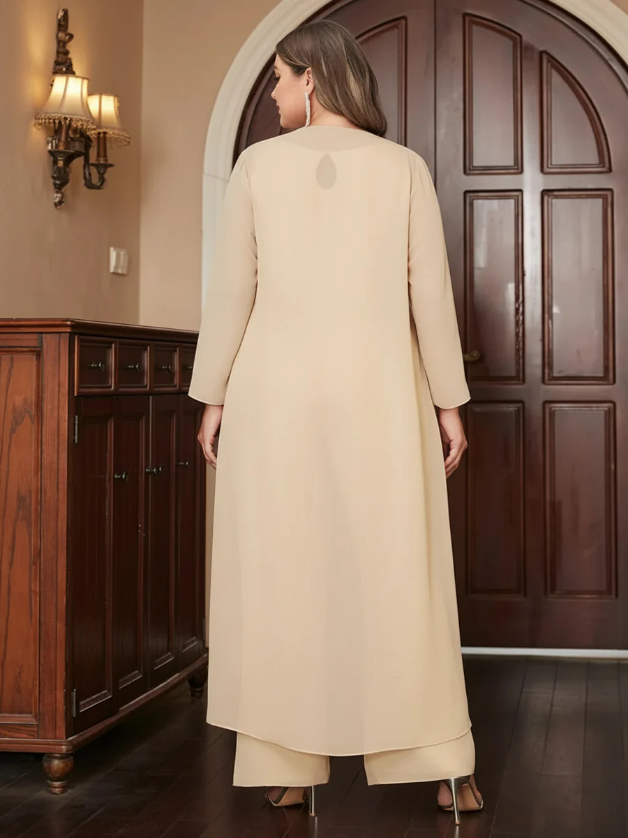 Chiffon Scoop Long Sleeves 3 Pieces Plus Size Pantsuits with Jacket - Image 2