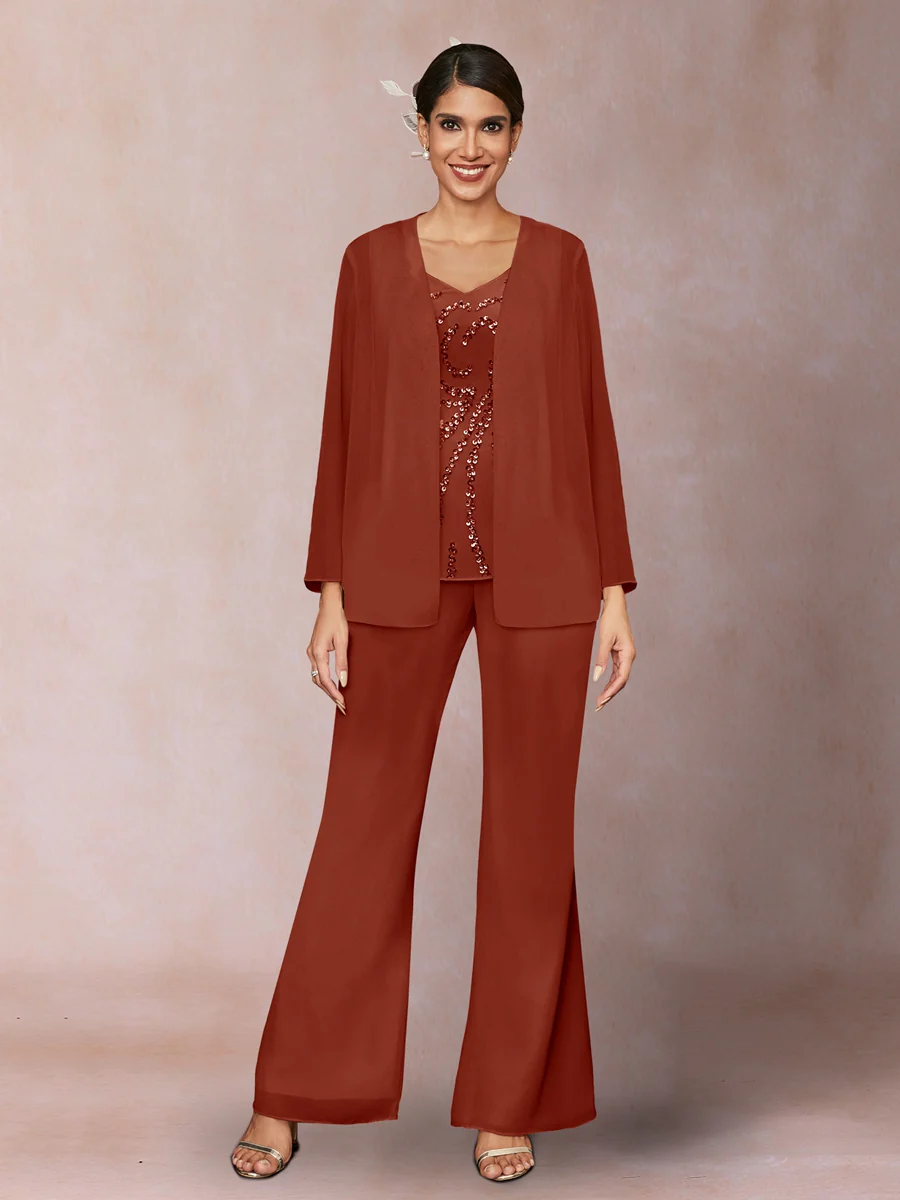 Chiffon Sequins V-Neck Long Sleeves 3 Pieces Pantsuits with Jacket - Image 10