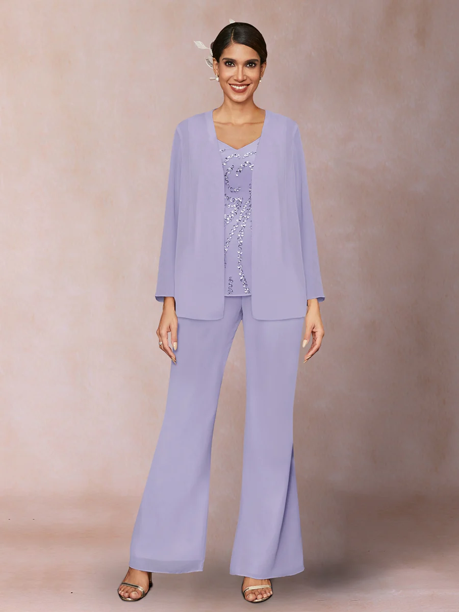Chiffon Sequins V-Neck Long Sleeves 3 Pieces Pantsuits with Jacket - Image 11