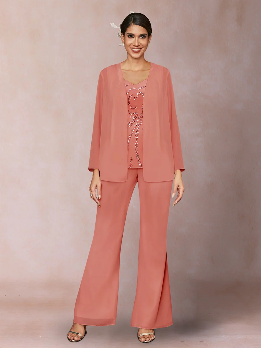 Chiffon Sequins V-Neck Long Sleeves 3 Pieces Pantsuits with Jacket - Image 12