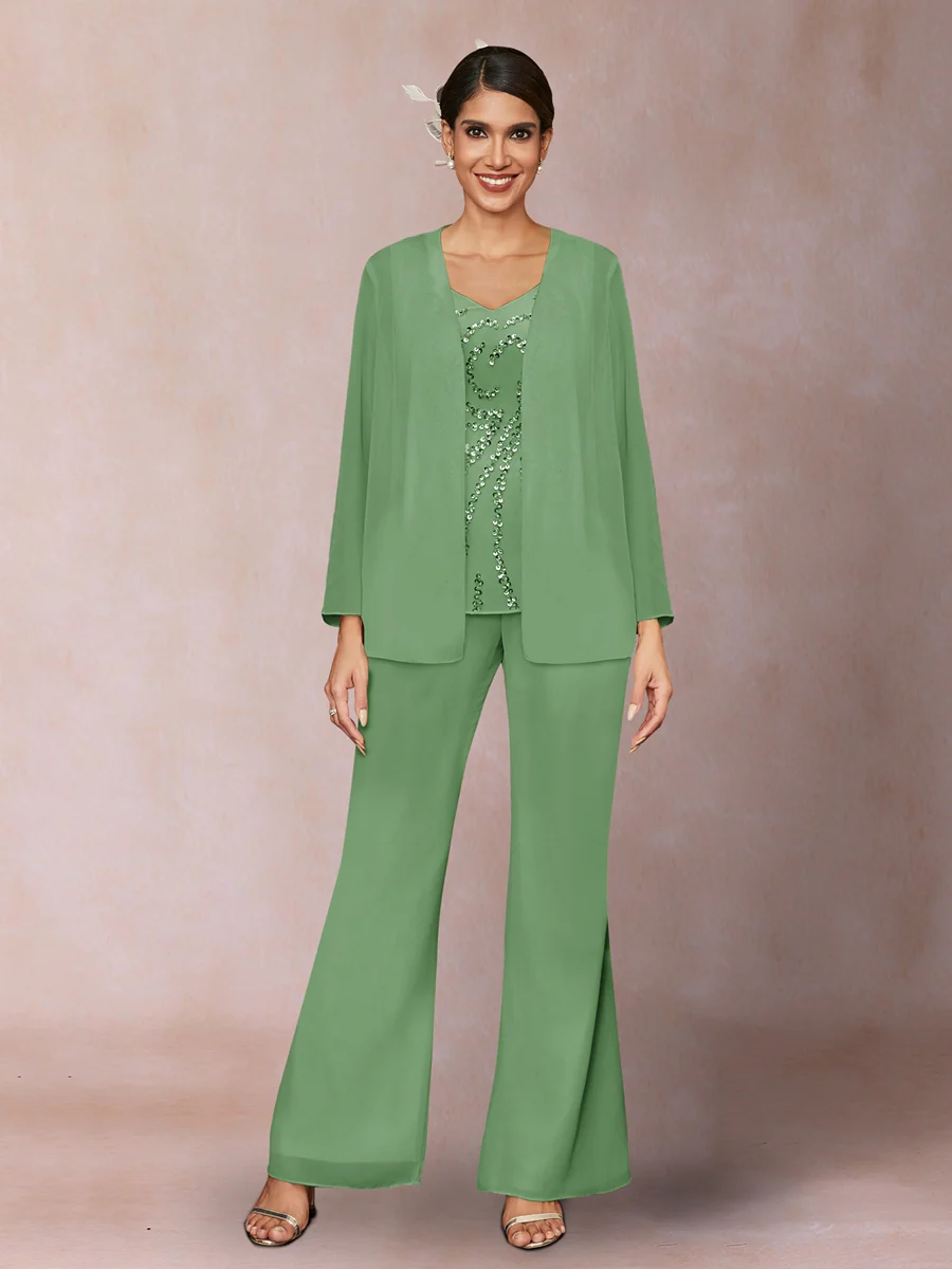 Chiffon Sequins V-Neck Long Sleeves 3 Pieces Pantsuits with Jacket - Image 13
