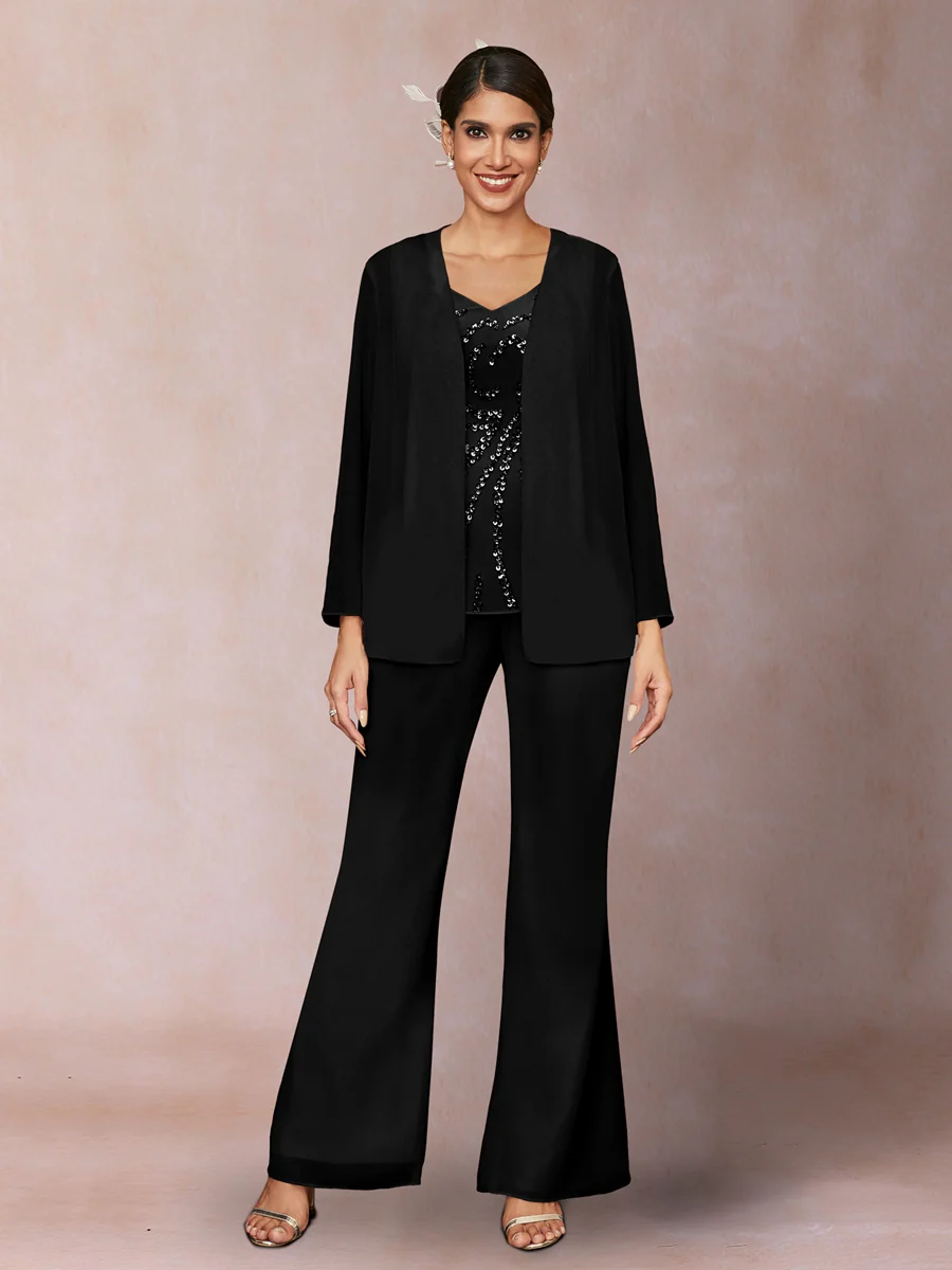 Chiffon Sequins V-Neck Long Sleeves 3 Pieces Pantsuits with Jacket - Image 15