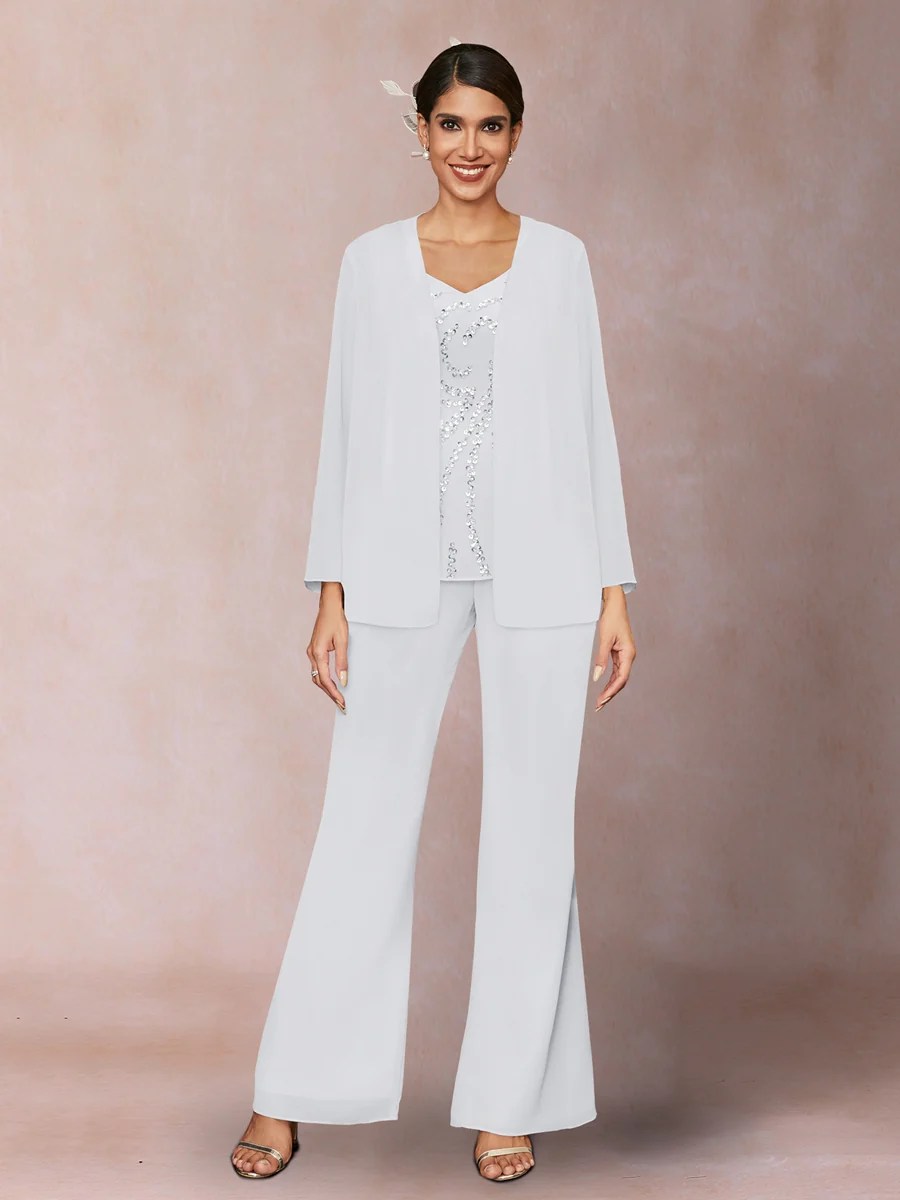 Chiffon Sequins V-Neck Long Sleeves 3 Pieces Pantsuits with Jacket - Image 16