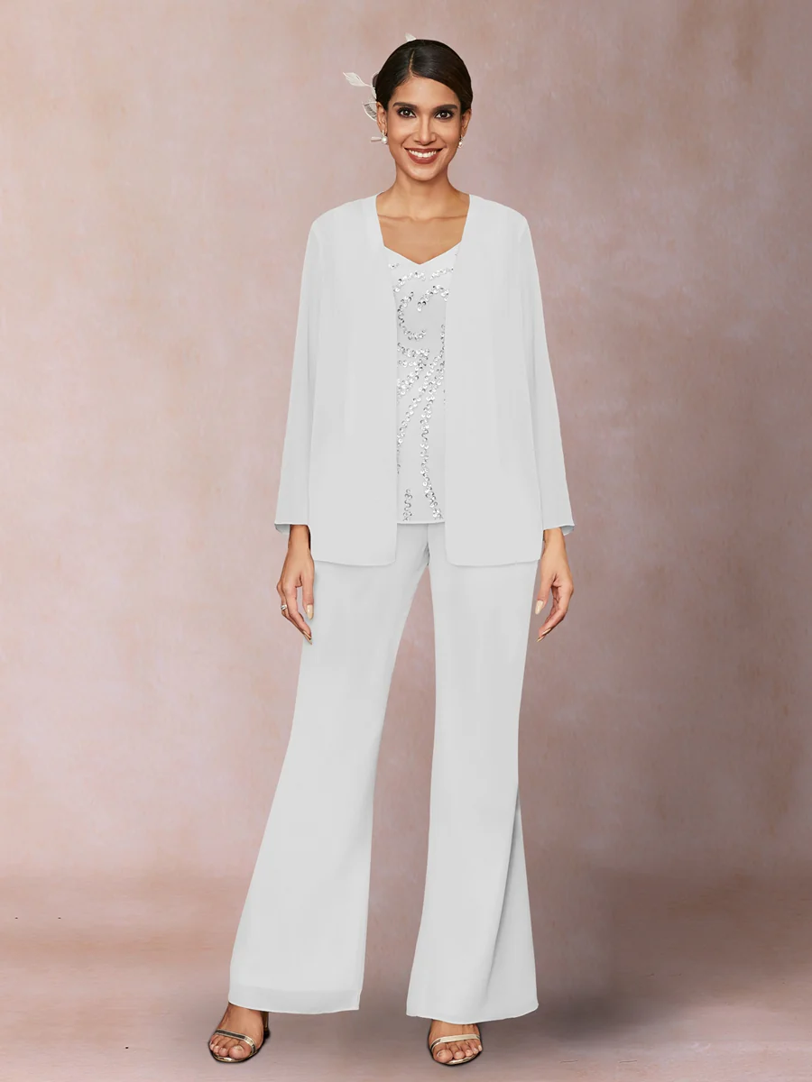 Chiffon Sequins V-Neck Long Sleeves 3 Pieces Pantsuits with Jacket - Image 17