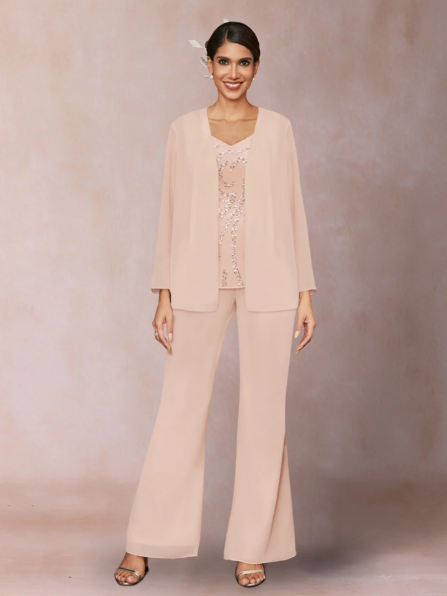 Chiffon Sequins V-Neck Long Sleeves 3 Pieces Pantsuits with Jacket - Image 20