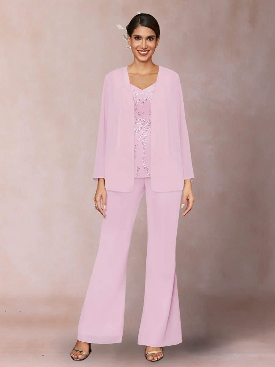 Chiffon Sequins V-Neck Long Sleeves 3 Pieces Pantsuits with Jacket - Image 21