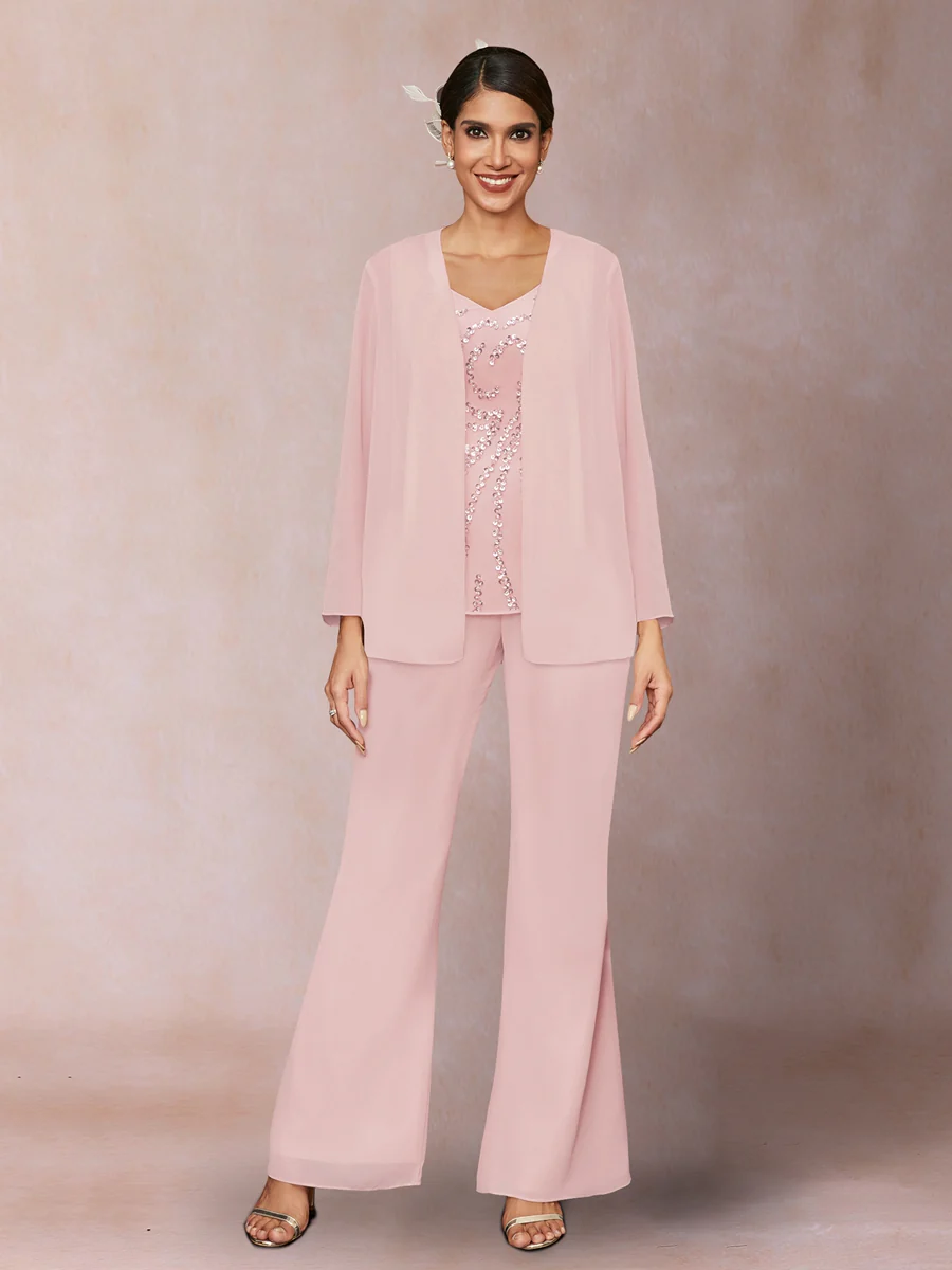Chiffon Sequins V-Neck Long Sleeves 3 Pieces Pantsuits with Jacket - Image 22