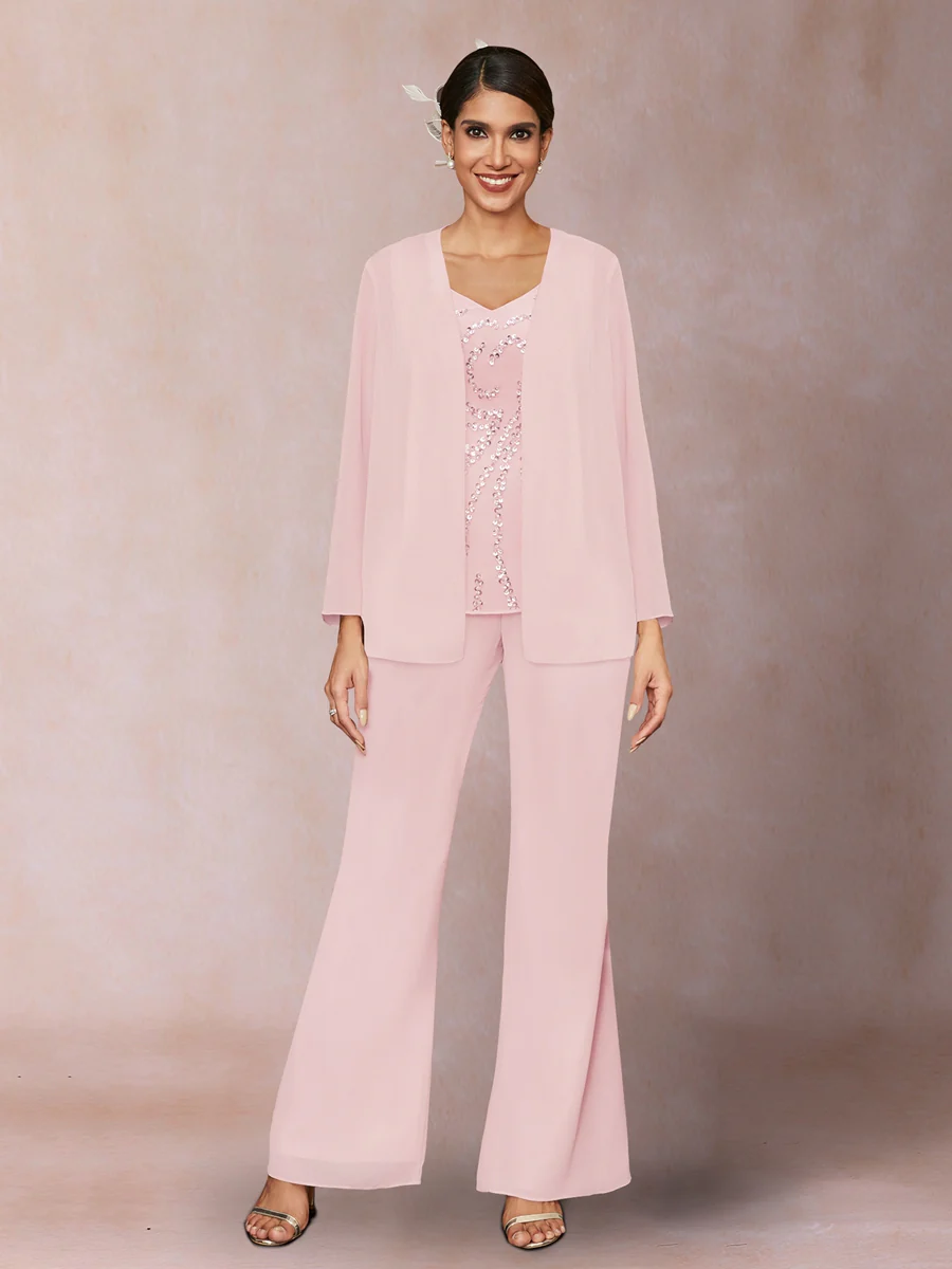Chiffon Sequins V-Neck Long Sleeves 3 Pieces Pantsuits with Jacket - Image 23