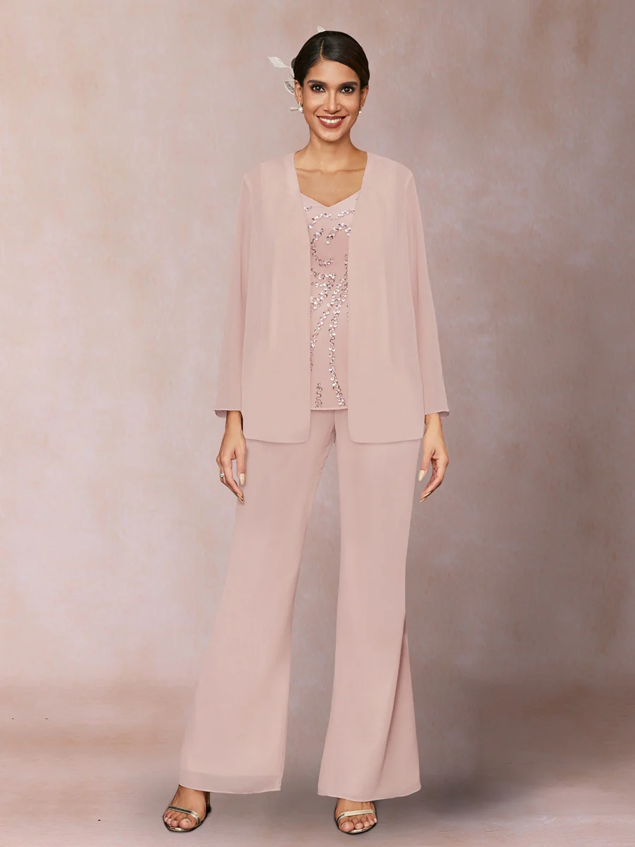 Chiffon Sequins V-Neck Long Sleeves 3 Pieces Pantsuits with Jacket - Image 24