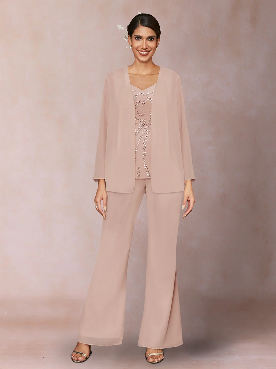 Chiffon Sequins V-Neck Long Sleeves 3 Pieces Pantsuits with Jacket - Image 25