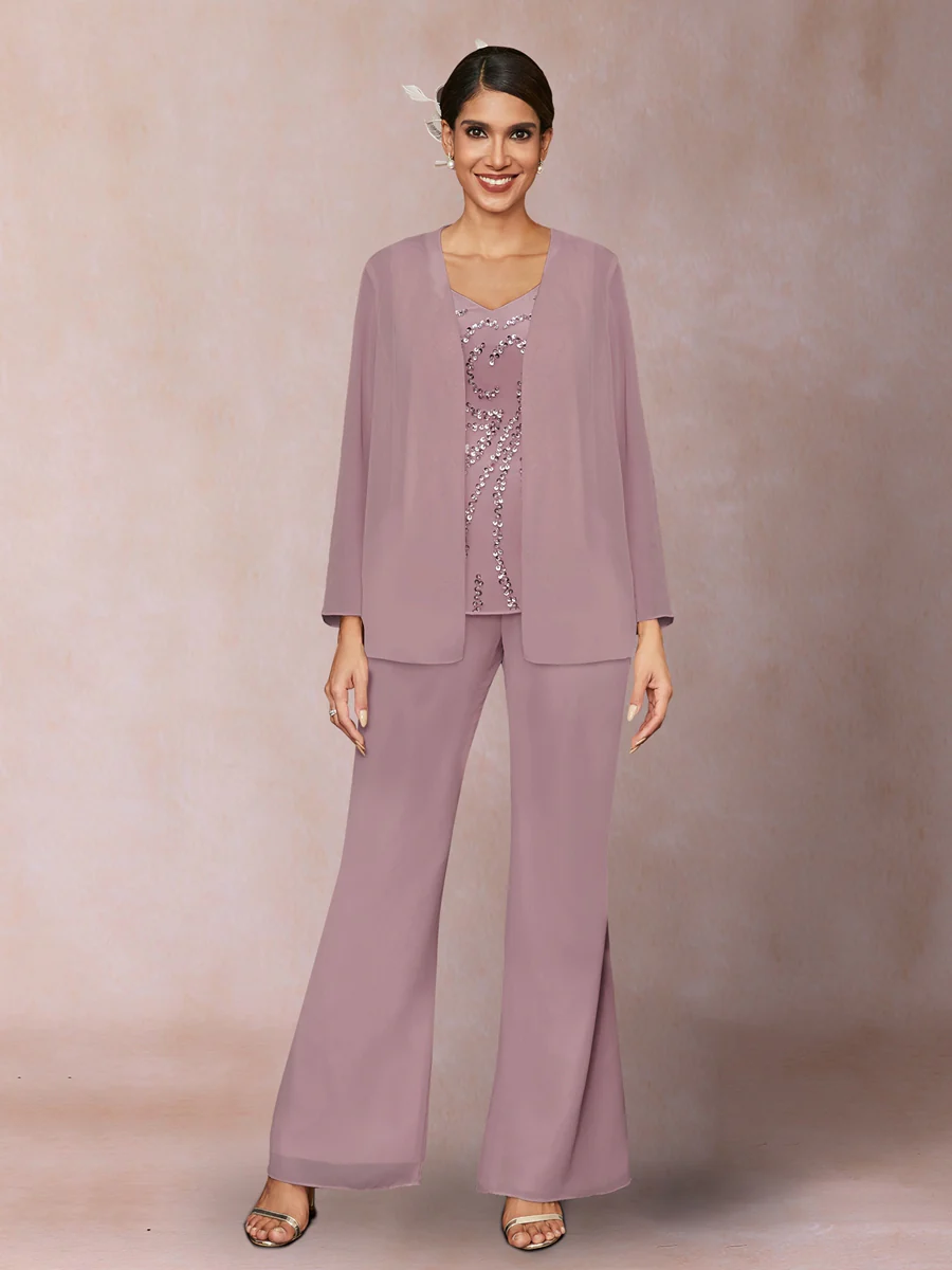 Chiffon Sequins V-Neck Long Sleeves 3 Pieces Pantsuits with Jacket - Image 26