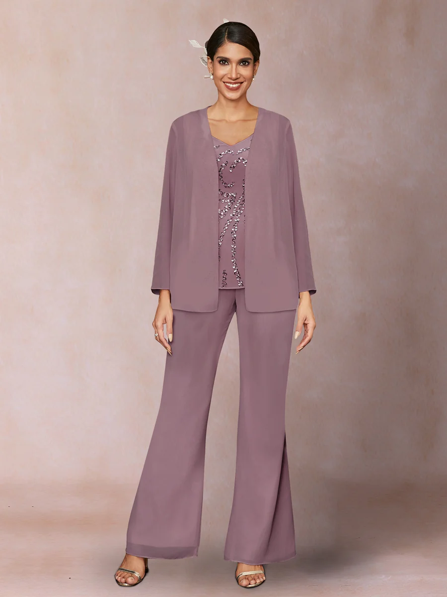 Chiffon Sequins V-Neck Long Sleeves 3 Pieces Pantsuits with Jacket - Image 27