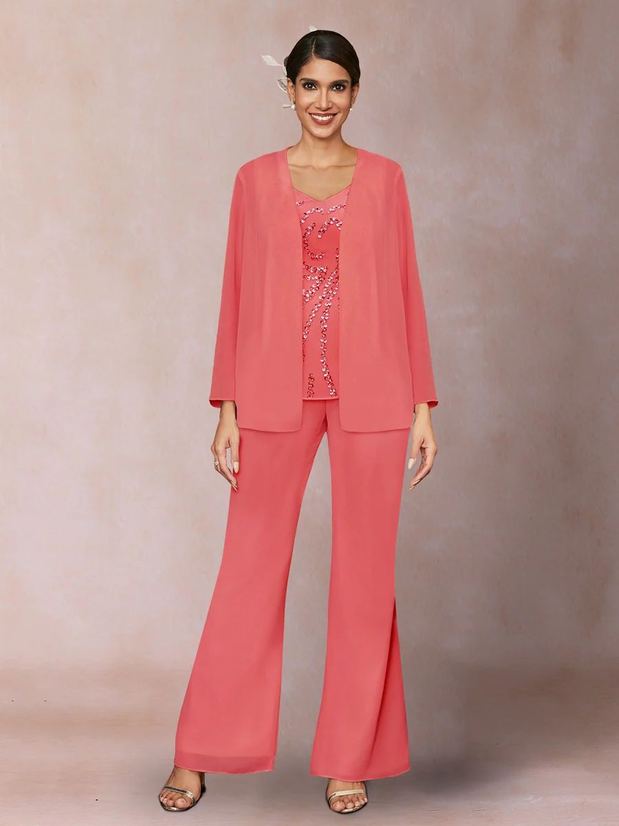 Chiffon Sequins V-Neck Long Sleeves 3 Pieces Pantsuits with Jacket - Image 28