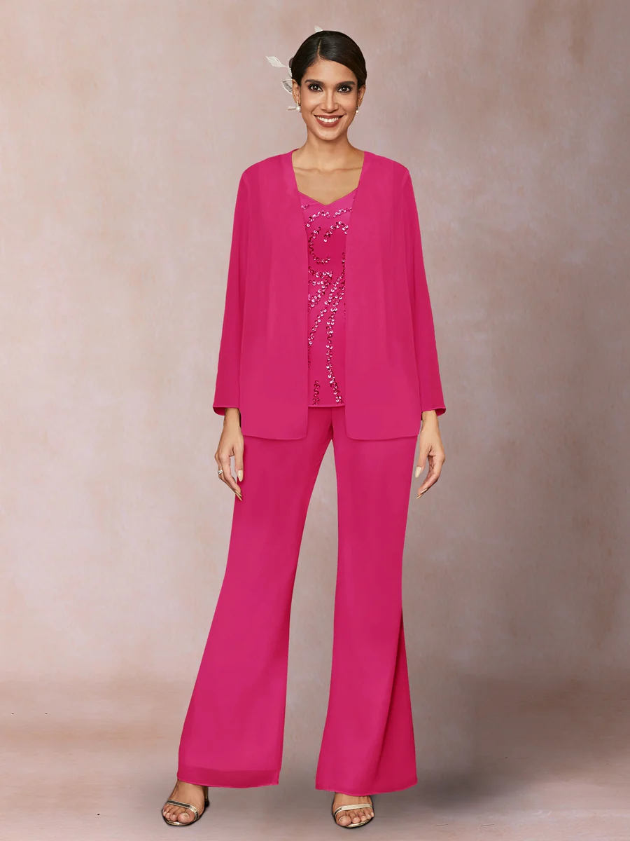 Chiffon Sequins V-Neck Long Sleeves 3 Pieces Pantsuits with Jacket - Image 29