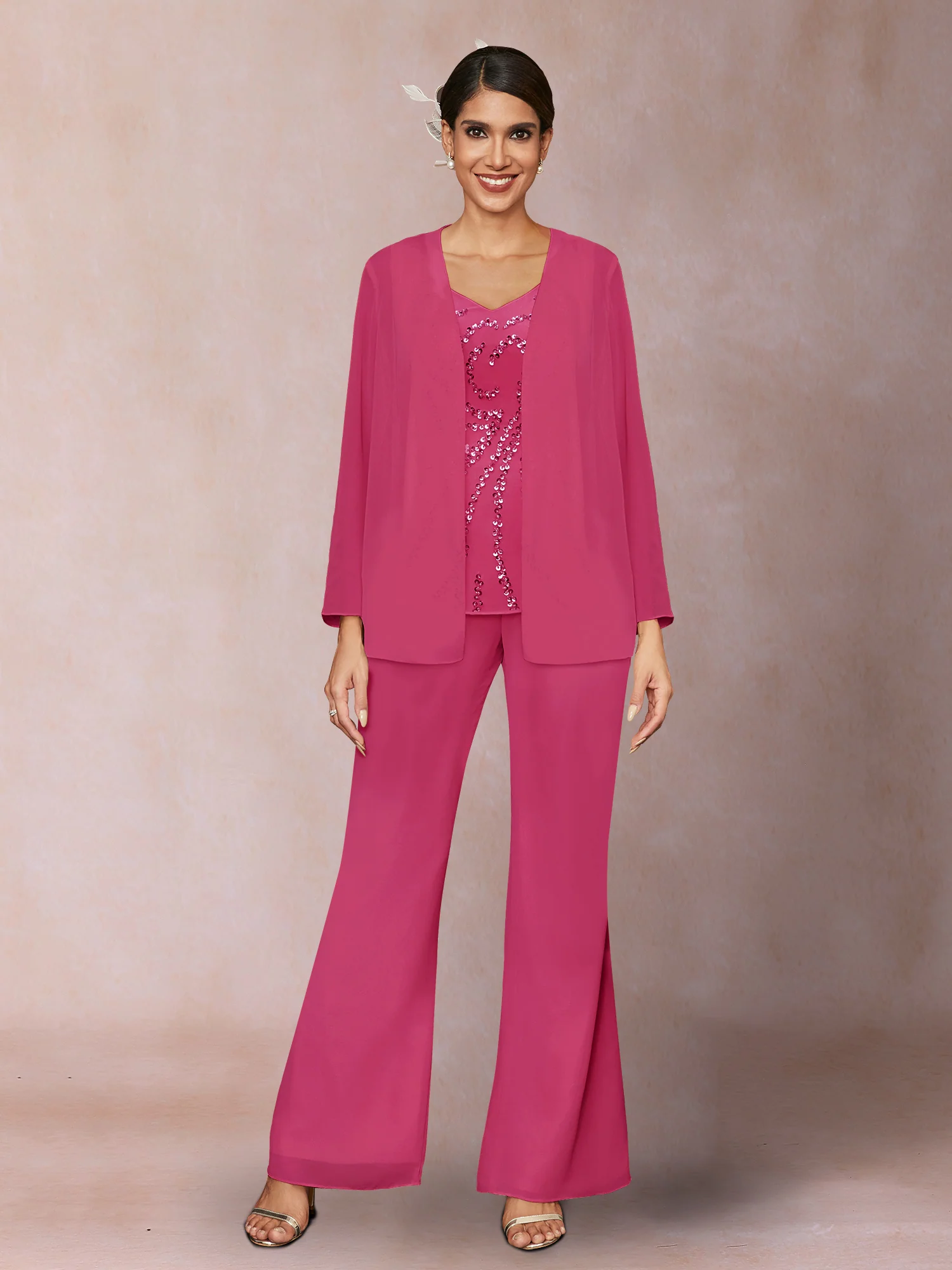 Chiffon Sequins V-Neck Long Sleeves 3 Pieces Pantsuits with Jacket - Image 30