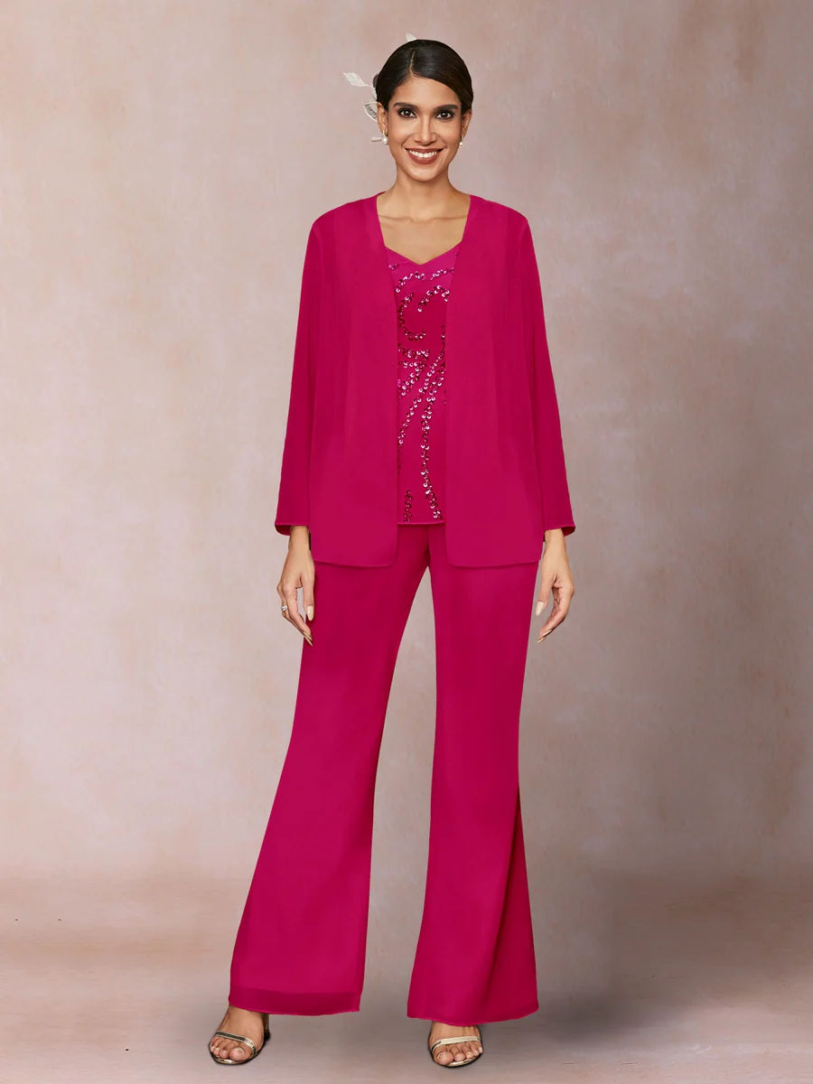 Chiffon Sequins V-Neck Long Sleeves 3 Pieces Pantsuits with Jacket - Image 31