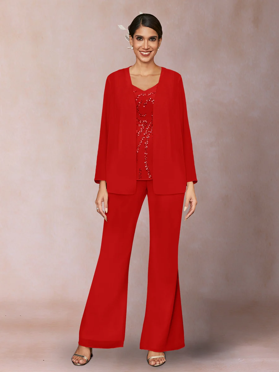 Chiffon Sequins V-Neck Long Sleeves 3 Pieces Pantsuits with Jacket - Image 32
