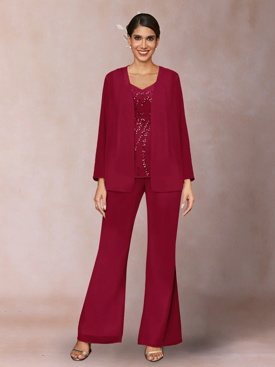 Chiffon Sequins V-Neck Long Sleeves 3 Pieces Pantsuits with Jacket - Image 33