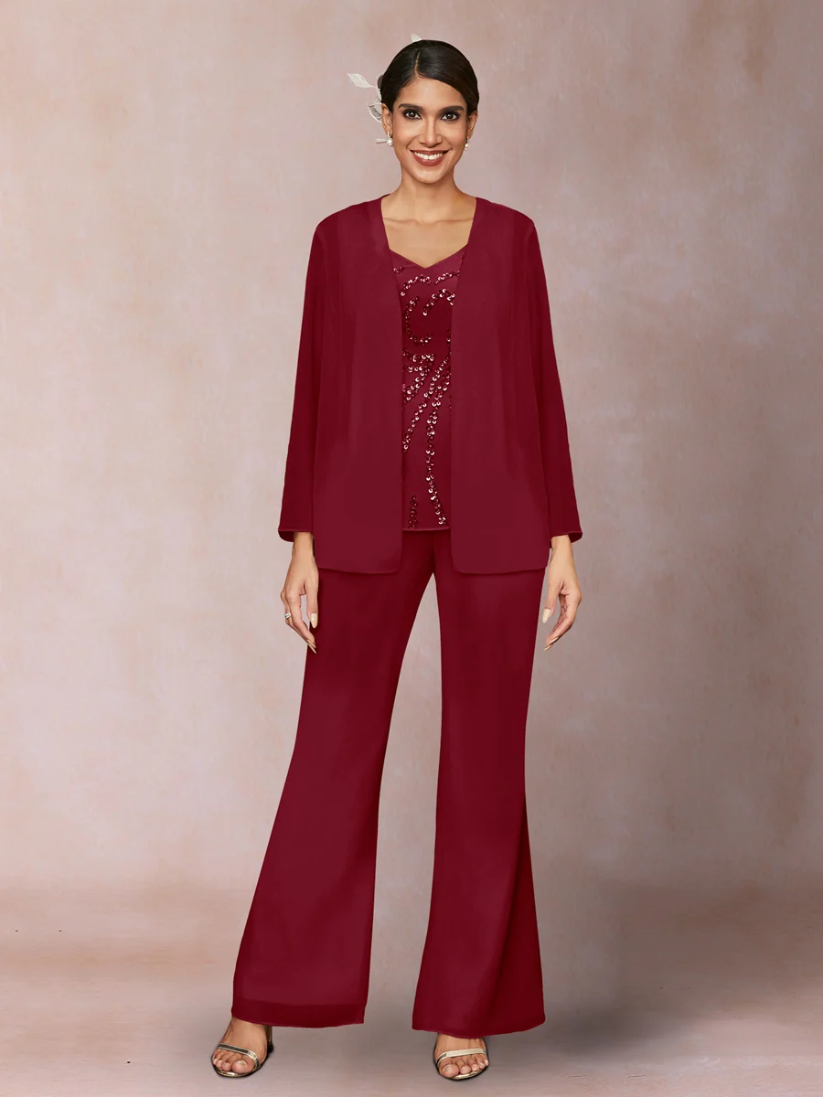 Chiffon Sequins V-Neck Long Sleeves 3 Pieces Pantsuits with Jacket - Image 34