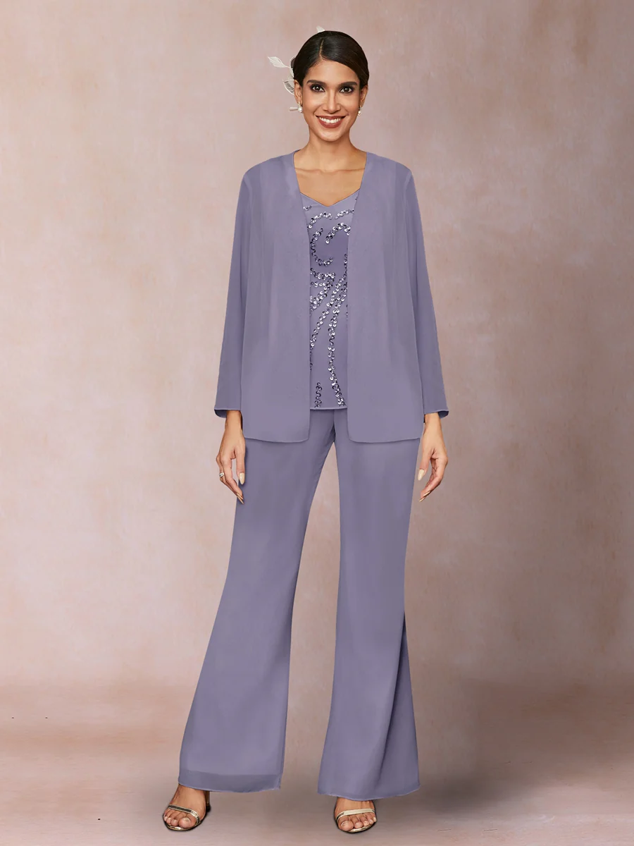 Chiffon Sequins V-Neck Long Sleeves 3 Pieces Pantsuits with Jacket - Image 35