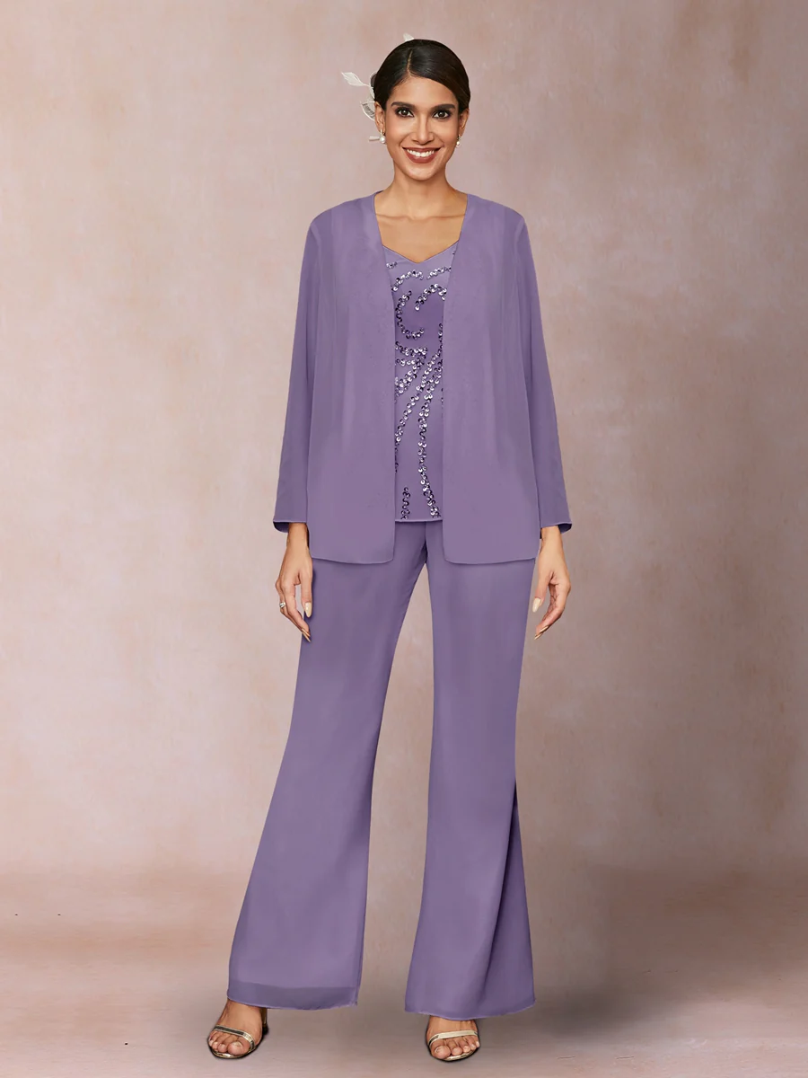 Chiffon Sequins V-Neck Long Sleeves 3 Pieces Pantsuits with Jacket - Image 36