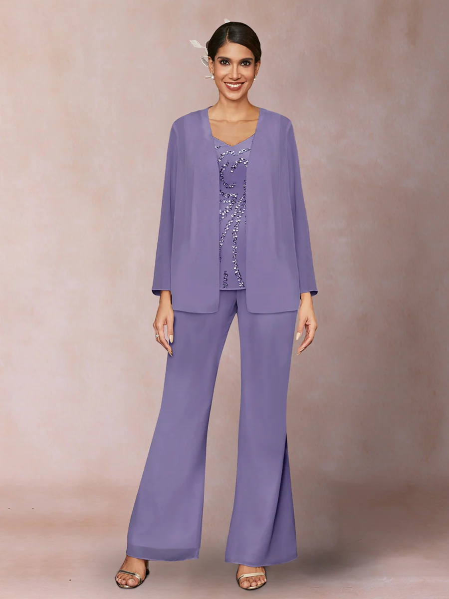 Chiffon Sequins V-Neck Long Sleeves 3 Pieces Pantsuits with Jacket - Image 37