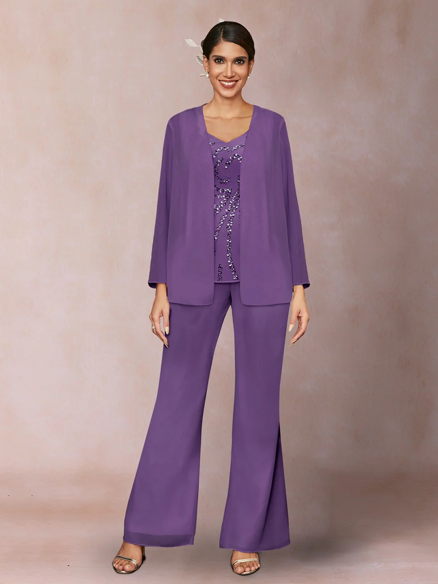 Chiffon Sequins V-Neck Long Sleeves 3 Pieces Pantsuits with Jacket - Image 38