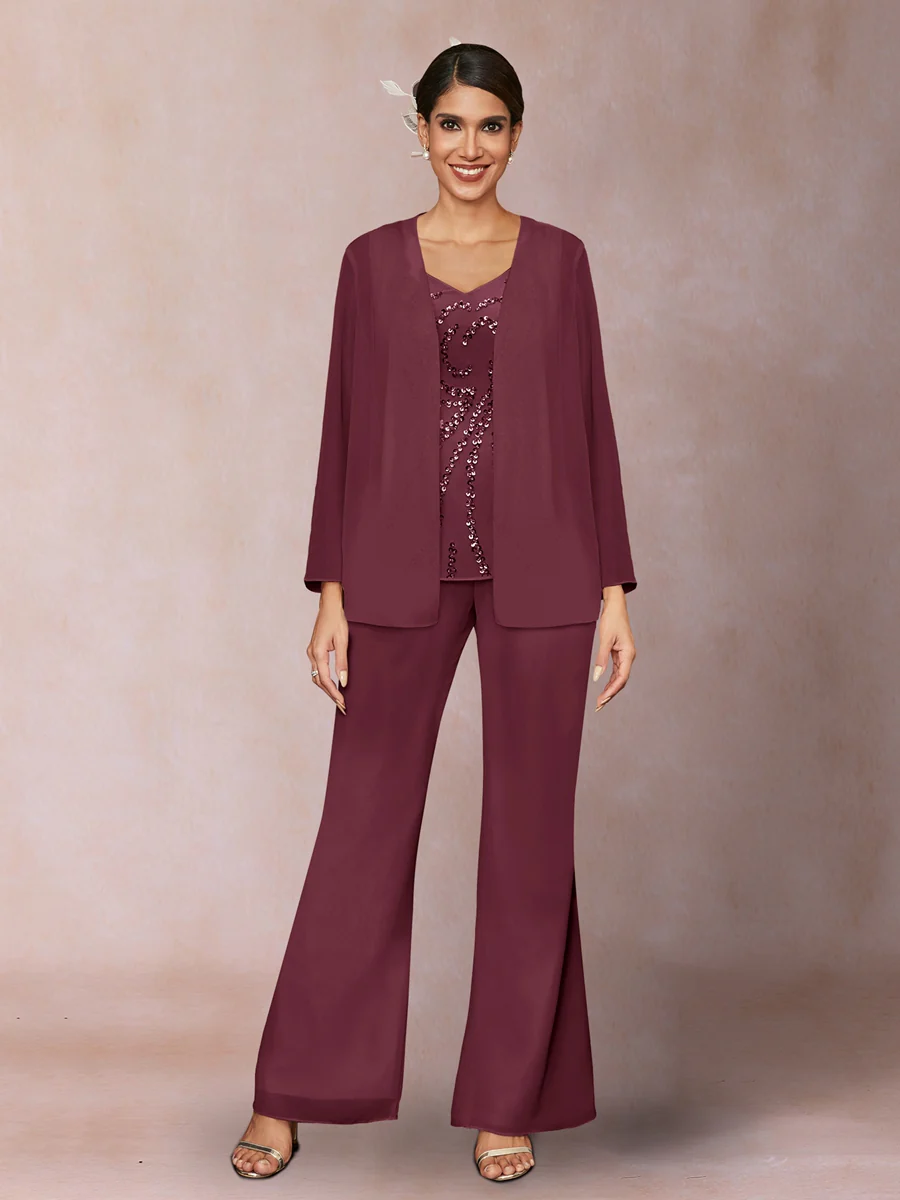 Chiffon Sequins V-Neck Long Sleeves 3 Pieces Pantsuits with Jacket - Image 39