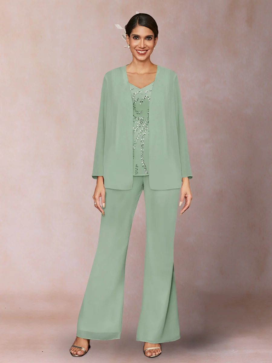 Chiffon Sequins V-Neck Long Sleeves 3 Pieces Pantsuits with Jacket - Image 4
