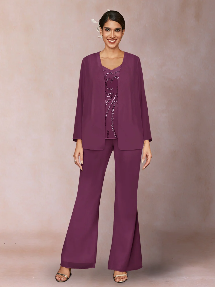 Chiffon Sequins V-Neck Long Sleeves 3 Pieces Pantsuits with Jacket - Image 40