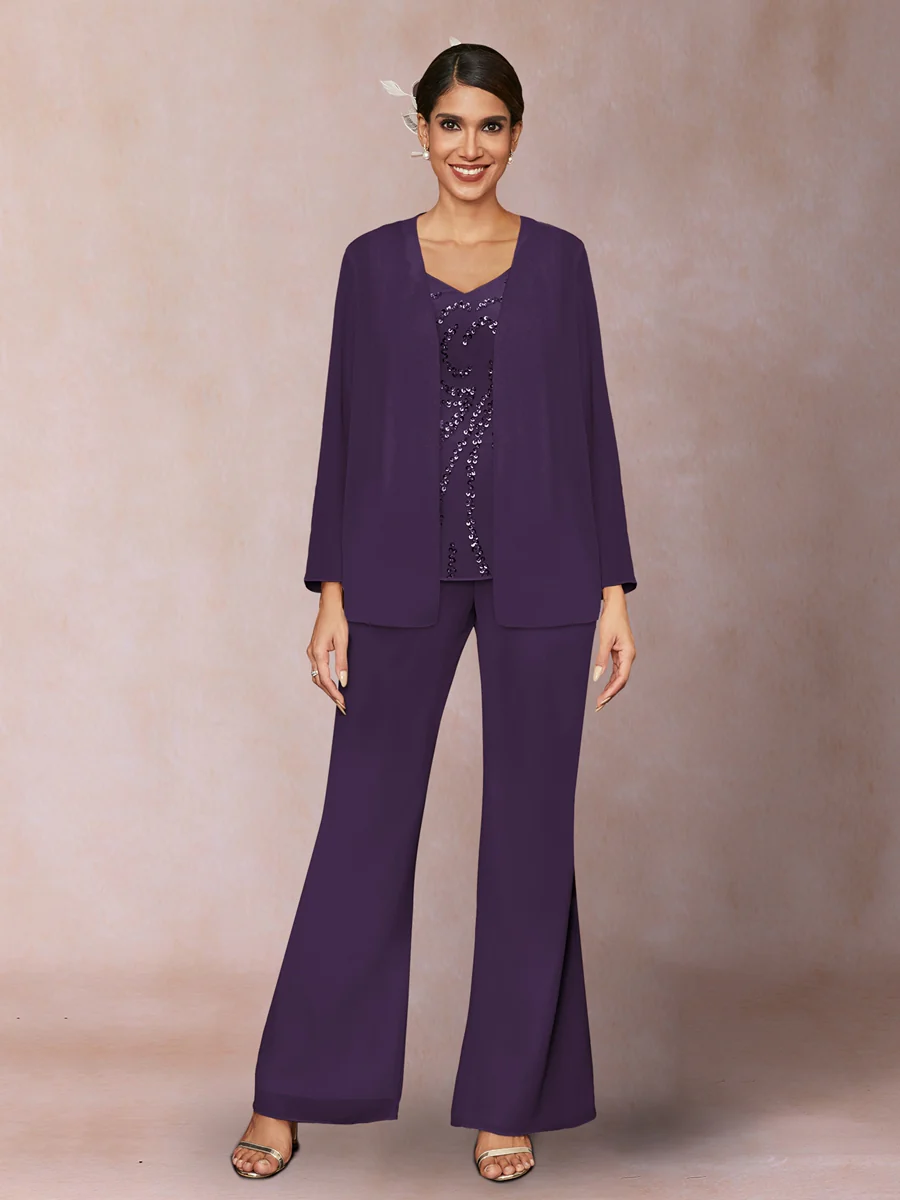 Chiffon Sequins V-Neck Long Sleeves 3 Pieces Pantsuits with Jacket - Image 41
