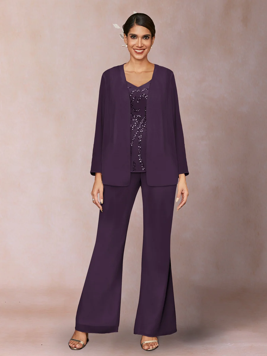 Chiffon Sequins V-Neck Long Sleeves 3 Pieces Pantsuits with Jacket - Image 42