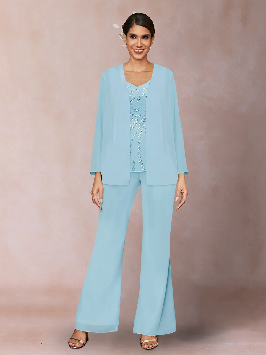 Chiffon Sequins V-Neck Long Sleeves 3 Pieces Pantsuits with Jacket - Image 45