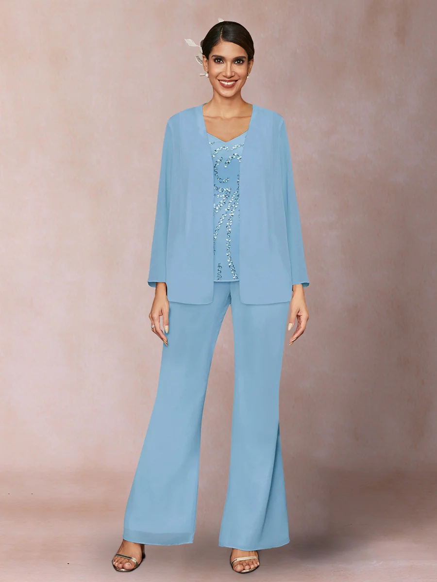 Chiffon Sequins V-Neck Long Sleeves 3 Pieces Pantsuits with Jacket - Image 46
