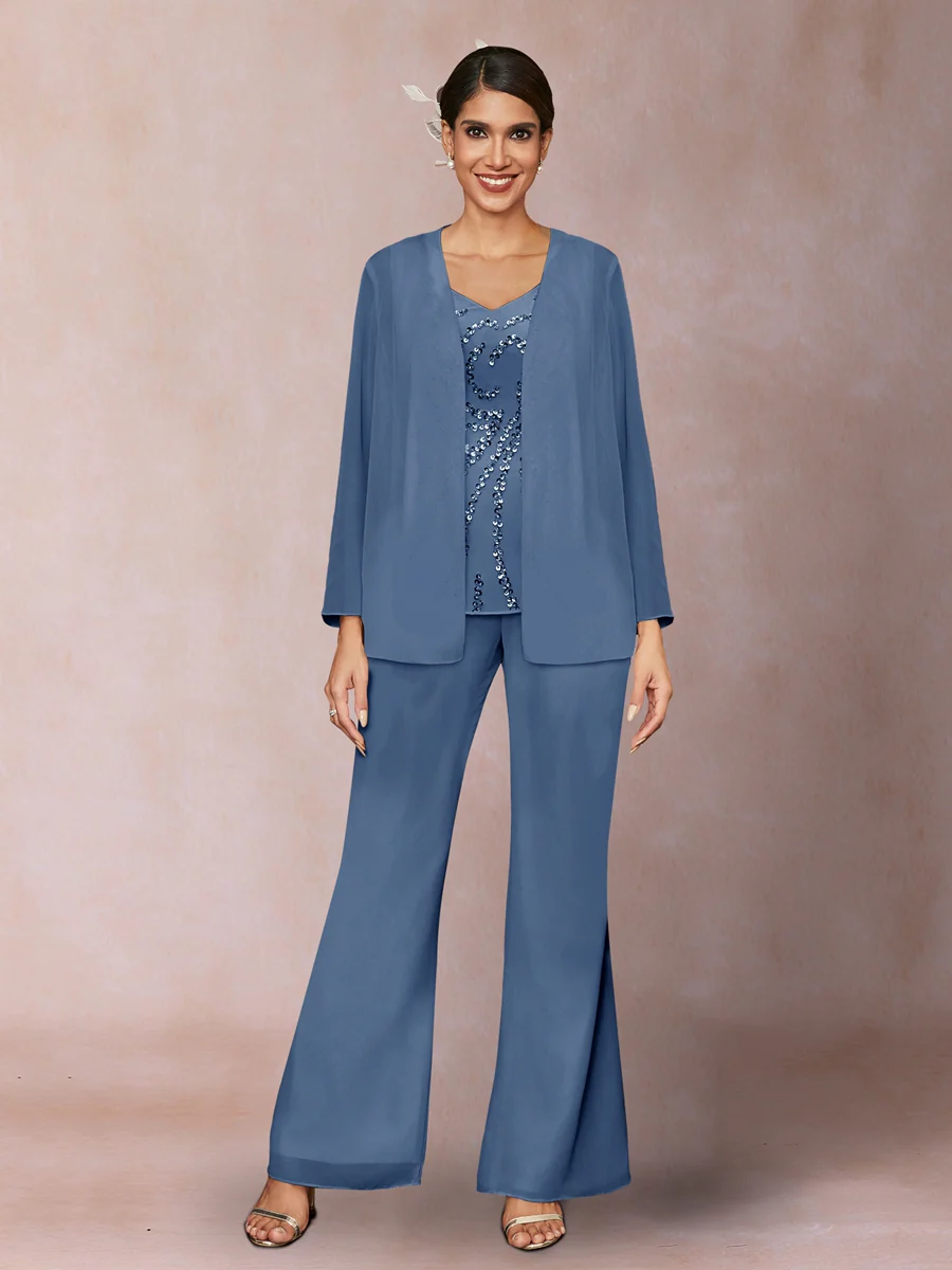 Chiffon Sequins V-Neck Long Sleeves 3 Pieces Pantsuits with Jacket - Image 47