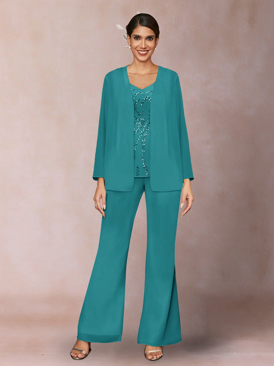 Chiffon Sequins V-Neck Long Sleeves 3 Pieces Pantsuits with Jacket - Image 48